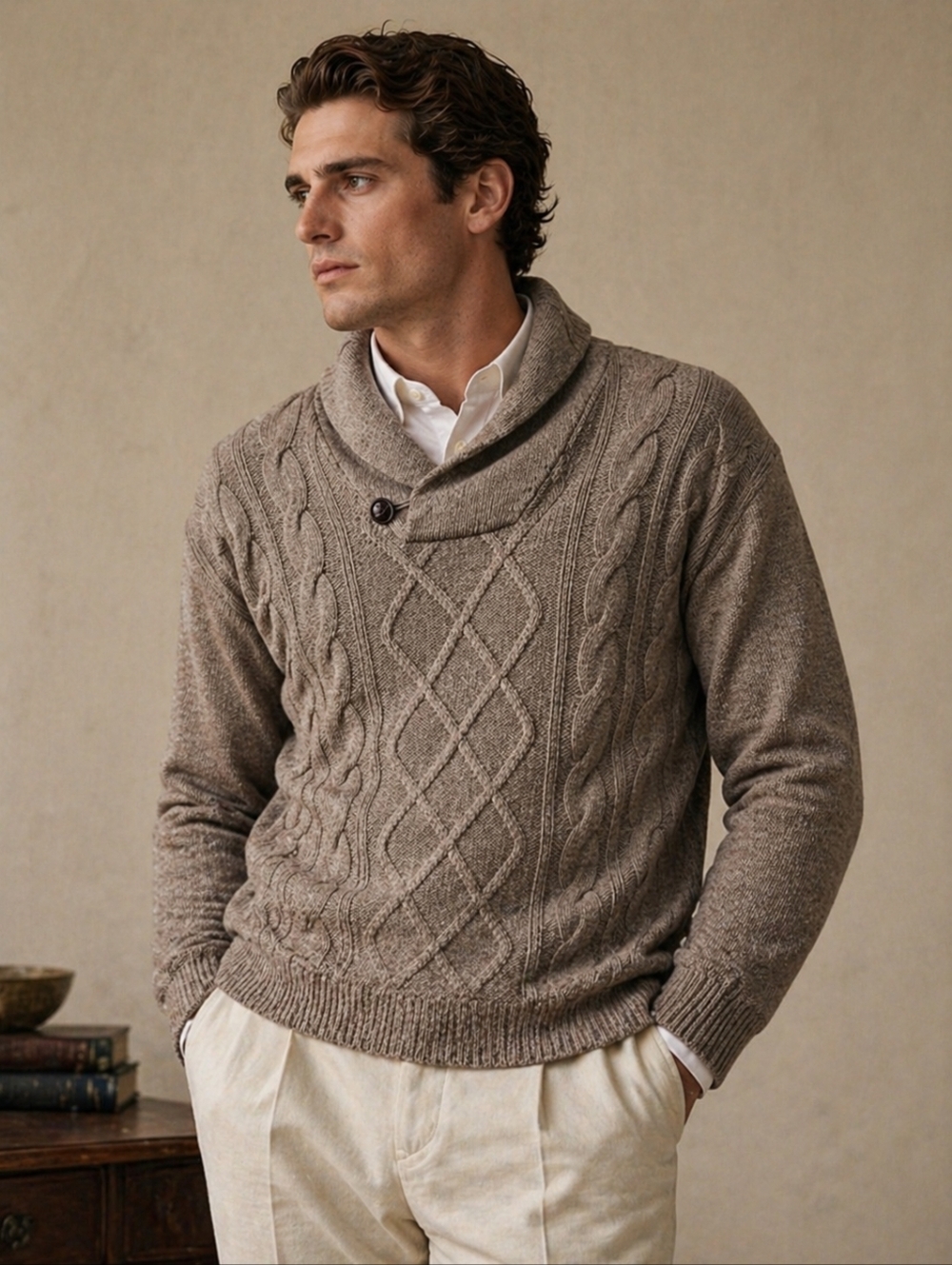 AQUA Mens Sweater Large Tall Taupe Brown Cable Knit Merino Wool Old Money Preppy